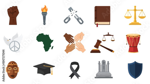 A diverse collection of icons symbolizing social justice, human rights, cultural heritage, education, and peace.