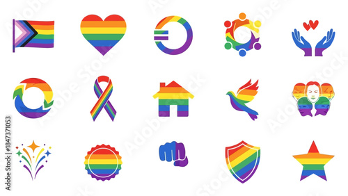 A vibrant collection of rainbow-colored icons representing LGBTQ+ pride, equality, and community support.
