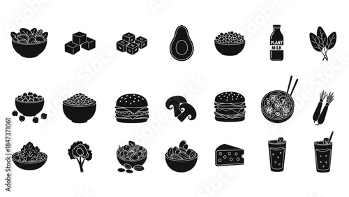 A comprehensive collection of black and white food icons, showcasing various dishes, ingredients, and beverages.