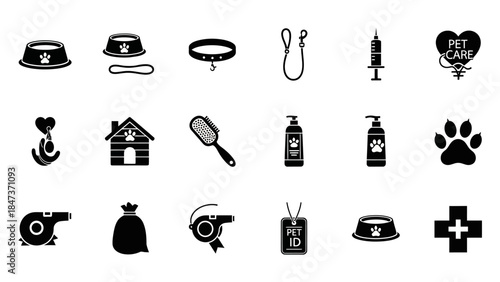 Collection of black and white pet care icons including bowls, leashes, grooming tools, and veterinary symbols on a white background.