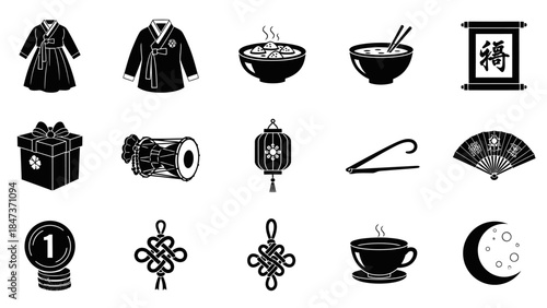 A collection of black and white icons representing various elements of Korean culture, including traditional clothing, food, symbols, and everyday objects.