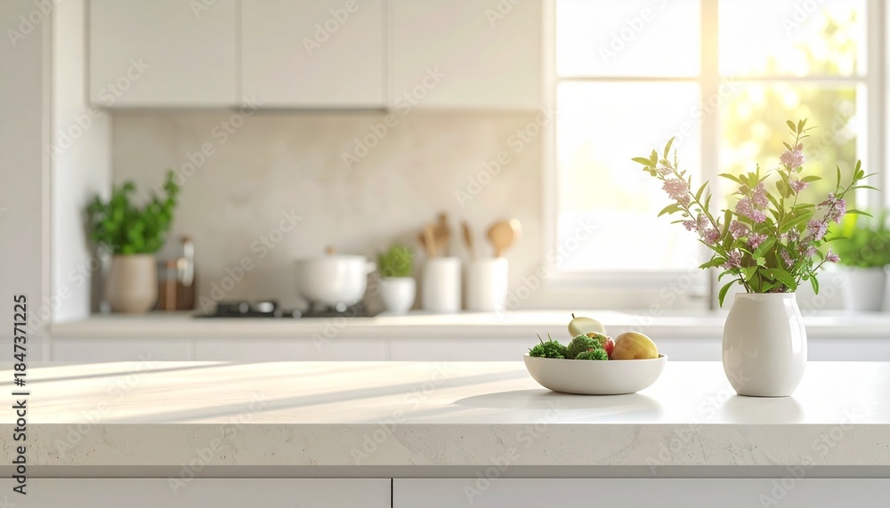 Fototapeta premium Bright kitchen interior with sunlight and marble countertop