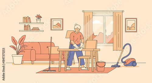 Woman Cleaning Table In A Cozy Home With Vacuum And Mop