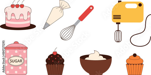 Baking and dessert tools illustration set with cake, cupcakes, mixer, whisk, sugar jar and cream bowl vector