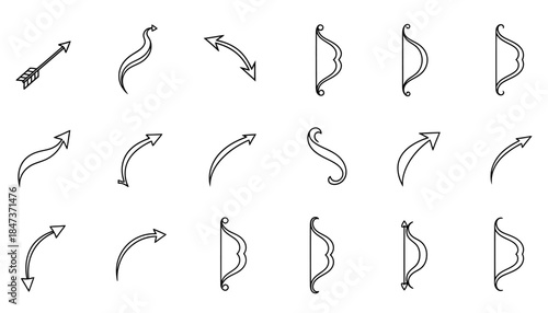Collection of bow and arrow icons and outlines on a transparent background vector illustration.