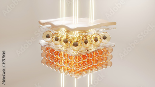 Cosmetic skincare technology with serum particles absorbing into skin structure. Beauty science concept showing hydration, skin barrier protection and dermatology innovation for cosmetic advertising.