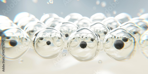 Transparent skincare molecule bubbles with nano particles floating in cosmetic serum liquid. Beauty science concept representing skin cells, hydration and collagen dermatology technology for luxury sk