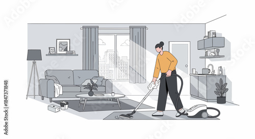 Woman Doing Housework, Vacuuming The Carpet In The Living Room