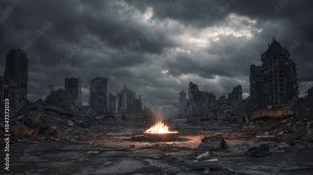 Fototapeta premium Post-apocalyptic Cityscape with Fire and Overcast, Dark Sky