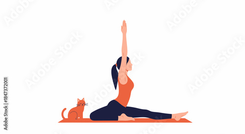 Woman Doing Yoga Pose With Cat Friend Minimalist Illustration