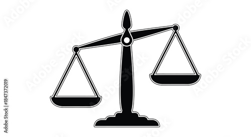 a stark black and white illustration depicting a traditional scale of justice silhouette