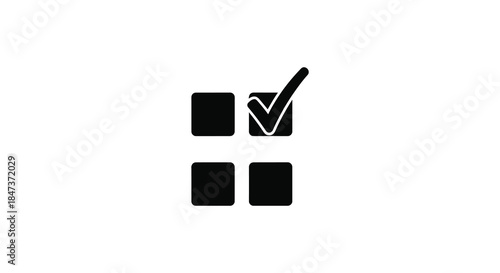 A simple black and white graphic depicting a check mark within square shapes a silhouette