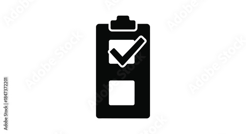 Black and white illustration of a battery shaped clipboard with a checkmark silhouette
