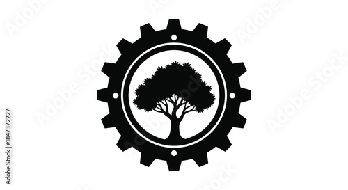 A striking design featuring a tree within a gear showcasing nature and industry silhouette