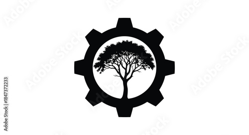 a black gear encompassing a tree in a circular space a striking visual silhouette