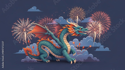 A vibrant teal and orange dragon with spread wings surrounded by fireworks and clouds in a celebratory scene