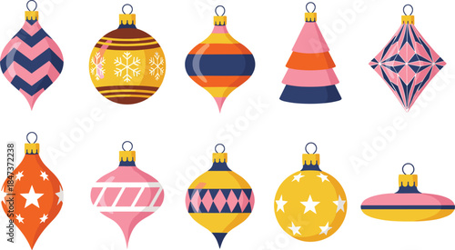 Colorful Christmas ornaments vector set with modern geometric holiday baubles in flat decorative style