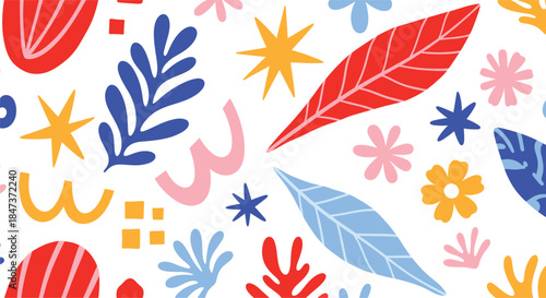 Colorful abstract botanical pattern with leaves, flowers, stars, and organic shapes in modern flat vector style