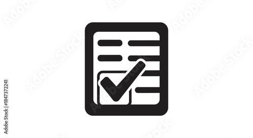 A black and white icon depicting a checklist within a rectangular frame a simple silhouette