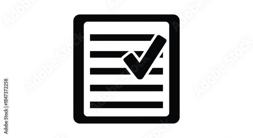 A black and white depiction of a checklist with a marked check box a simple silhouette