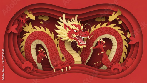 Wallpaper Mural Vibrant red chinese dragon with golden accents and flames on a red background for asian cultural celebrations and traditions Torontodigital.ca