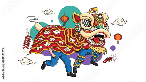 Vibrant lion dance performance with colorful costume and festive decorations including lanterns and fireworks