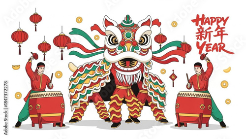 Vibrant chinese lion dance performance with drummers and lanterns celebrating happy new year