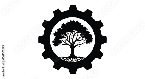 A striking design featuring a tree within a gear symbolizing nature and industry a unique silhouette