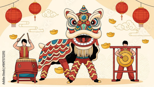 Vibrant chinese lion dance performance with drummers and cymbal player surrounded by red lanterns and gold coins