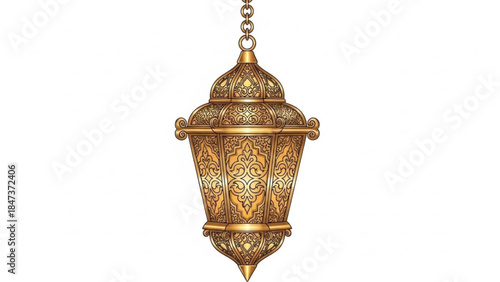 A gold lantern with intricate designs hangs from a chain against a white background, exuding elegance and sophistication with its ornate metalwork
