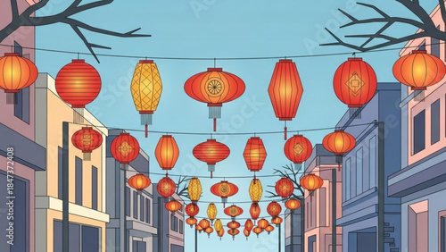 Vibrant red and orange lanterns hang above a colorful city street with buildings on either side under a clear blue sky