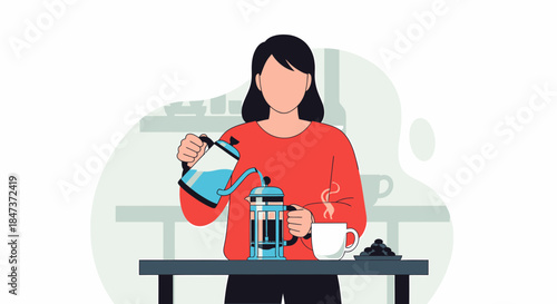 Woman Making Coffee With French Press Minimalist Style Illustration