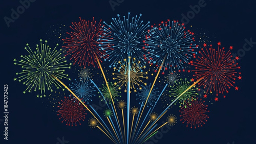 A vibrant display of colorful fireworks exploding in the night sky with bright trails of light, creating a festive atmosphere with shades of blue, red, green and yellow