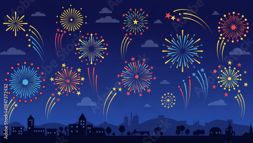 Vibrant fireworks exploding in night sky above city skyline with clouds, colorful display of red, blue, yellow, and pink hues, festive atmosphere, celebration and joy