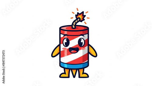 A cartoon red and white striped cylindrical object with a fuse and a shocked expression on its face standing on yellow legs and arms on a white background