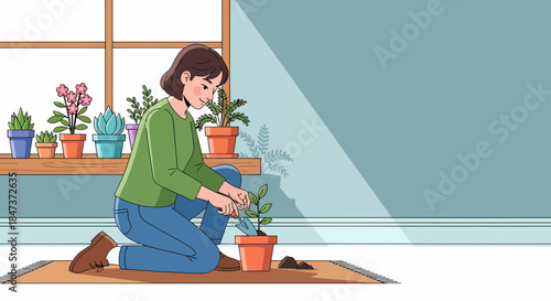 Woman Planting Sapling At Home, Home Gardening Concept Illustration