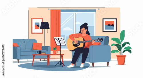 Woman Playing Acoustic Guitar Sitting In Cozy Living Room Home