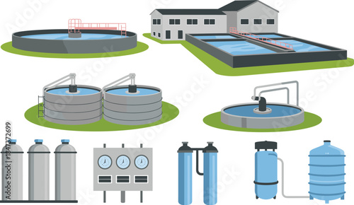 Flat vector water treatment plant components illustration showing filtration tanks pipelines control system wastewater purification infrastructure process