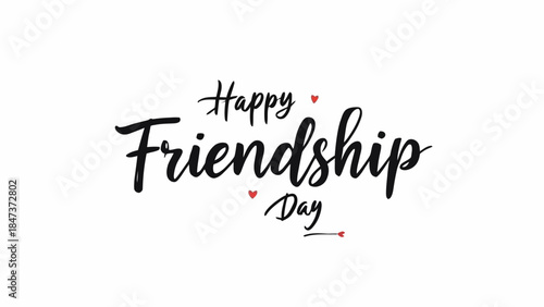 Minimalist Friendship Day typography featuring elegant handwritten calligraphy text with a subtle heart accent. Clean white background design suitable for greeting cards, posters, social media, and pr