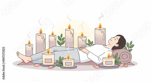 Woman Relaxing Surrounded By Candles For Wellness And Self Care