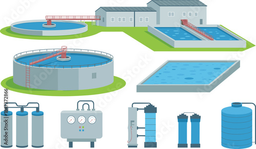 Flat vector water treatment plant components illustration showing filtration tanks pipelines control system wastewater purification infrastructure process