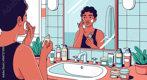 Woman's Skincare Routine in Bathroom, Cartoon Style Illustration