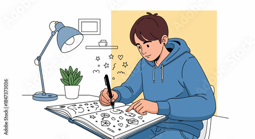 Young Adult Drawing In Sketchbook Under Lamp Creative Illustration