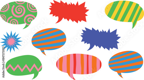 Colorful comic speech bubbles set with abstract patterns for dialogue chat message and pop art design
