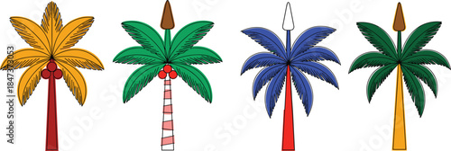 Colorful palm tree illustration set with tropical coconut palms in different styles isolated on white background
