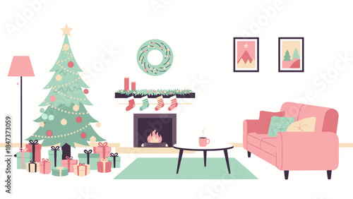 Flat lay of a cozy living room interior with a decorated Christmas tree, lit fireplace, and gifts on Christmas Day against a clean white background with warm tones.