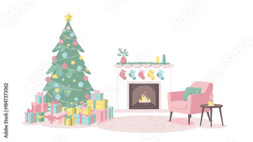 A cozy living room scene on Christmas Day featuring a decorated tree with gifts, a lit fireplace with stockings, and a pink armchair with a green throw against a clean white background.