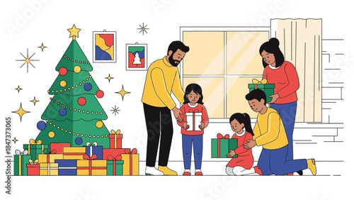 A family of four exchanging gifts on Christmas Day in a cozy living room with a decorated tree and presents.
