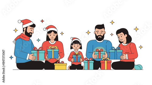 A cheerful family of four exchanging gifts on Christmas Day with colorful presents and festive attire against a clean white background with a joyful mood.