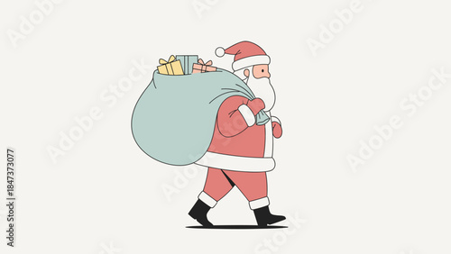 Cartoon Santa Claus walking with a large sack of toys on Christmas Day against a plain background.